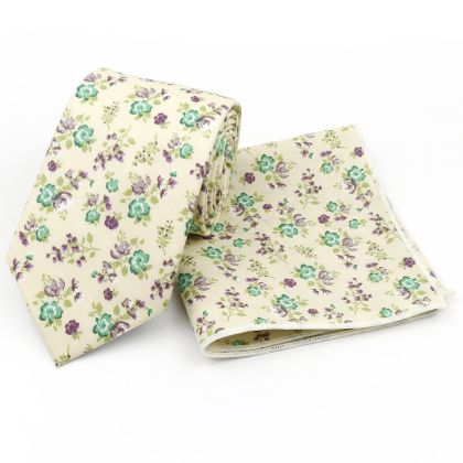 Cream & Green floral cotton classic mens tie & pocket square set 