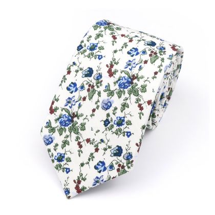 Blue & Ivory floral flower cotton tie 