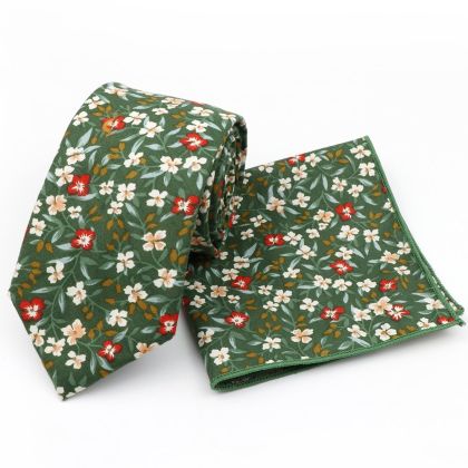 Green & Red floral cotton classic mens tie & pocket square set 