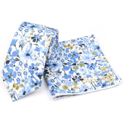 Pastel Blue floral cotton classic mens tie & pocket square set 