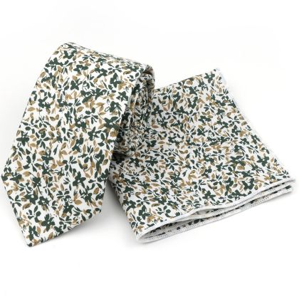 Olive floral cotton classic mens tie & pocket square set 