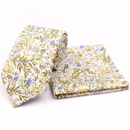 Yellow floral cotton classic mens tie & pocket square set 