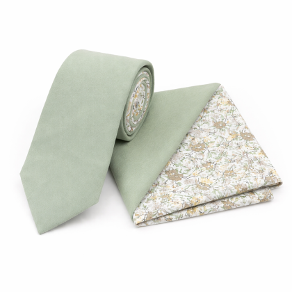 Two Tone Sage Green floral cotton tie & Pocket square set 