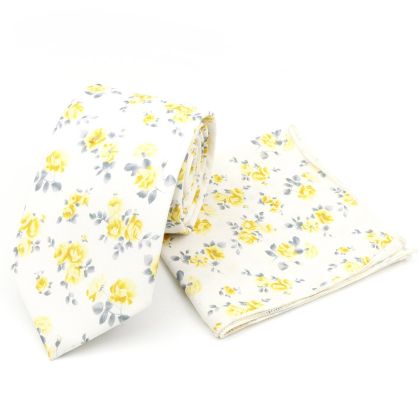 Pastel Yellow floral flower cotton tie & pocket square set 