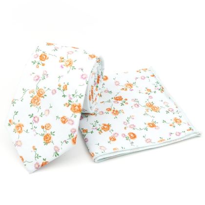 Orange & Pink floral flower cotton tie & pocket square set 