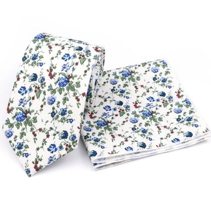 Blue & Ivory floral cotton classic mens tie & pocket square set 