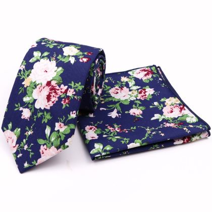 Navy & Green floral cotton classic mens tie & pocket square set 