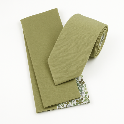 Two Tone Olive floral cotton tie & Pocket square set 