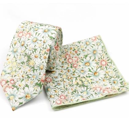 Green & White floral cotton classic mens tie & pocket square set 