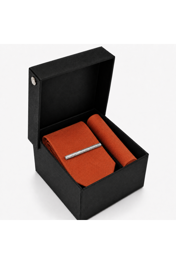 Woven Rust Tie, Pocket Square & Silver Tie Clip Gift Set