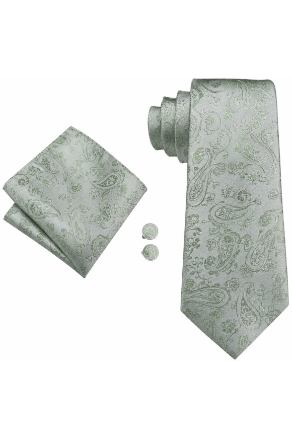 Mens Pastel Sage Green Paisley silk wedding tie, pocket square & cufflink set