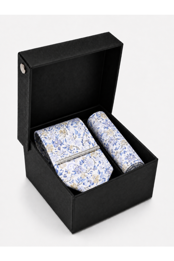 Blue Floral Tie, Pocket Square & Silver Tie Clip Gift Set