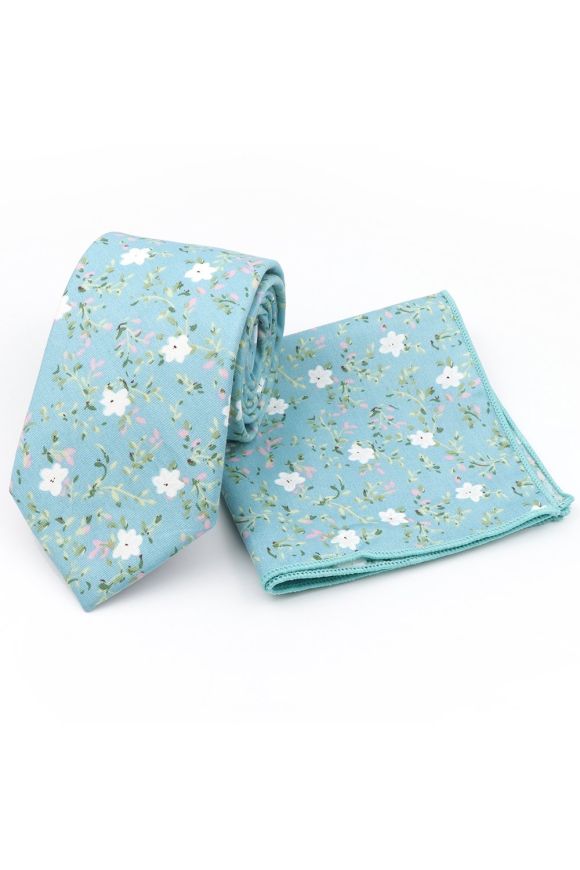 Blue & Pink floral cotton classic mens tie & pocket square set