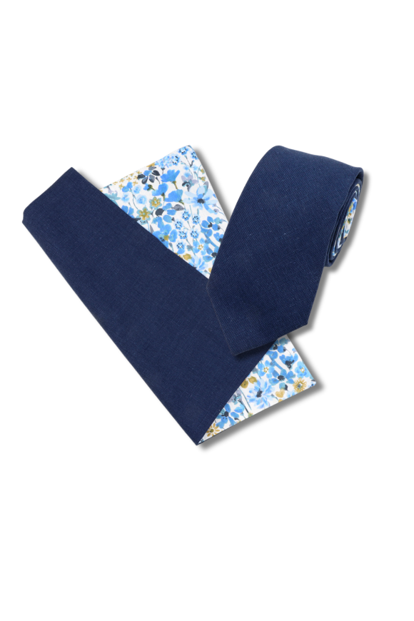 Two Tone Pastel Navy Floral cotton tie & pocket square set