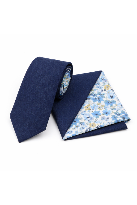 Two Tone Pastel Navy Floral cotton tie & pocket square set