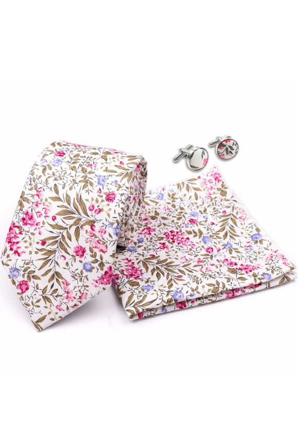 Fuchsia floral cotton classic mens tie, cufflink & pocket square set