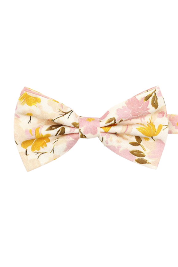 Yellow & Pink floral cotton classic mens bow tie & pocket square set