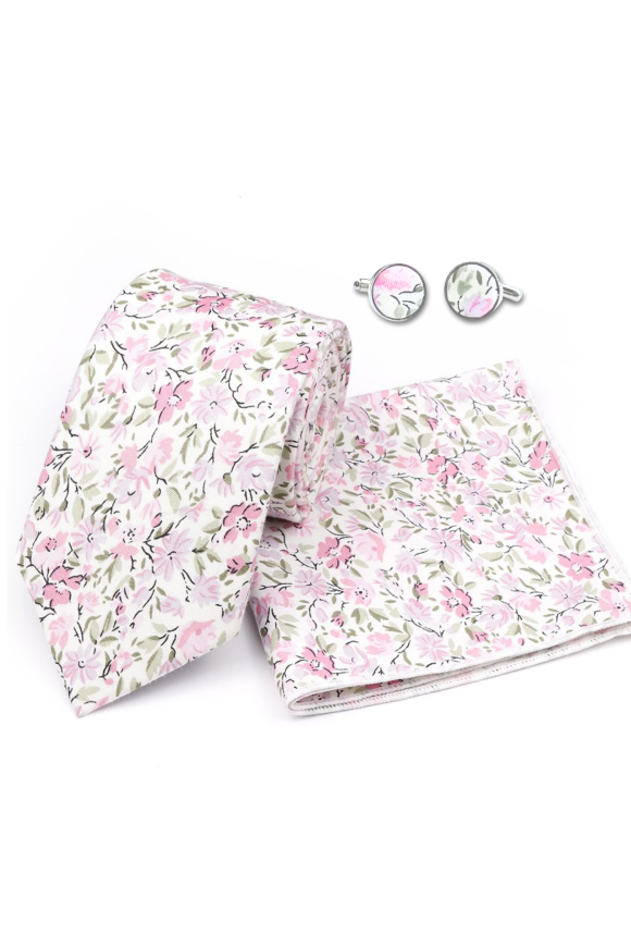 Soft Pink floral cotton classic mens tie , cufflink & pocket square set