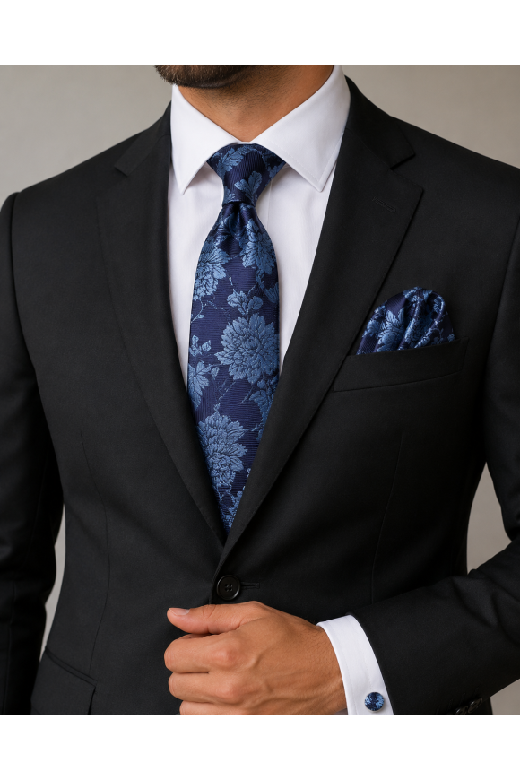 Mens Navy Floral Tie Pocket Square and Cufflink Set