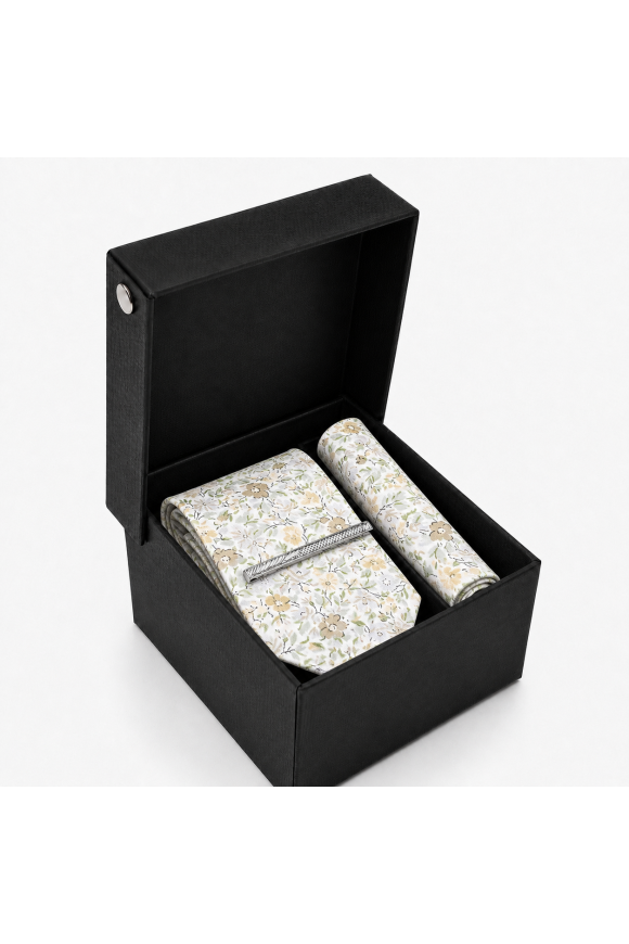 Green Floral Tie Gift Set with Pocket Square & Silver Tie Clip