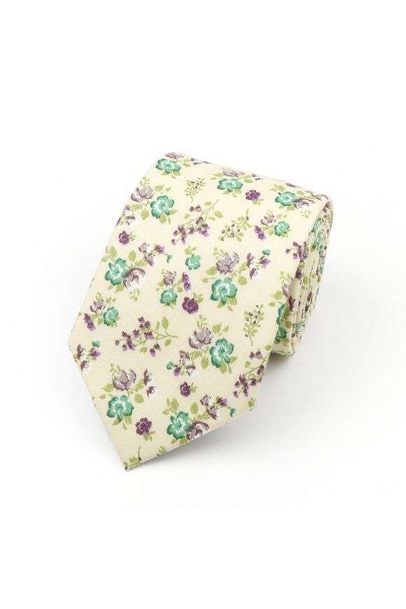 Cream & Green floral cotton classic mens tie & pocket square set