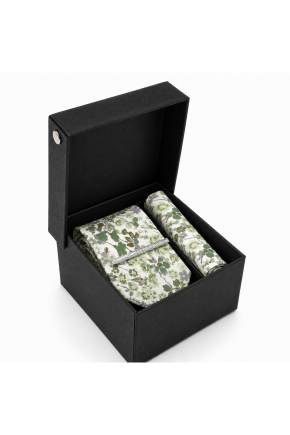 Olive Green Floral Tie Gift Set with Pocket Square & Silver Tie Clip