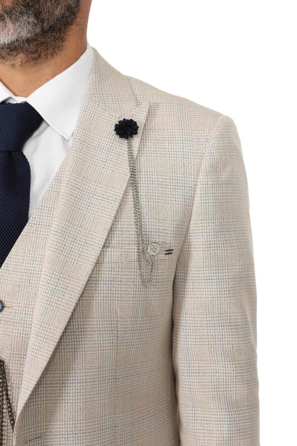 Stone Beige Check Suit with Contras Navy Trousers