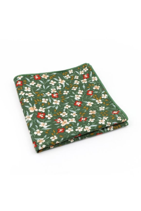 Green & Red floral cotton classic mens tie & pocket square set