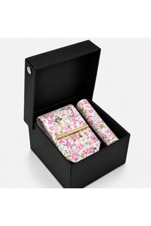 Pink Floral Tie, Pocket Square & Gold Tie Clip Gift Set
