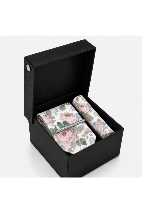 Rose Floral Tie, Pocket Square & Silver Tie Clip Gift Set