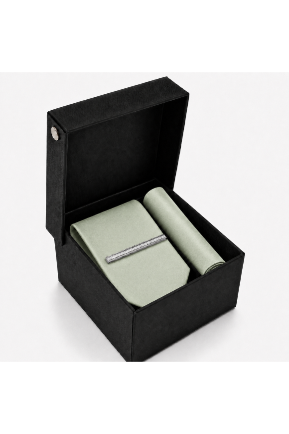 Pastel Green Tie, Pocket Square & Silver Tie Clip Gift Set
