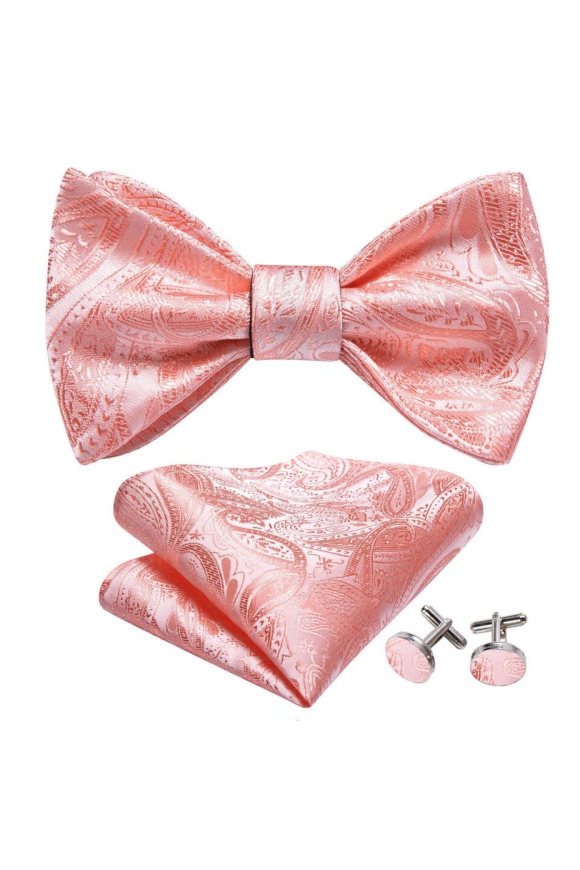 Pink Paisley Self Tie Bow Tie, Cufflink And Handkerchief Set