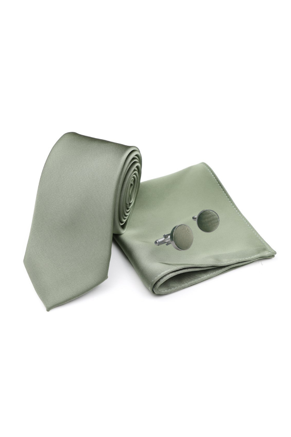 Olive green satin classic mens tie, cufflink & pocket square set