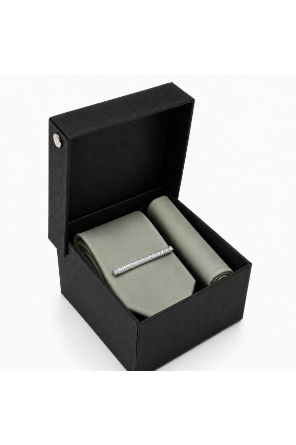 Olive green satin Tie, Pocket Square & Silver Tie Clip Gift Set