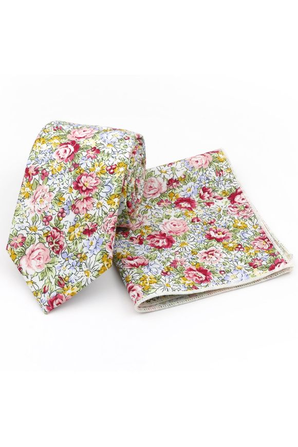 Multicoloured floral cotton classic mens tie & pocket square set
