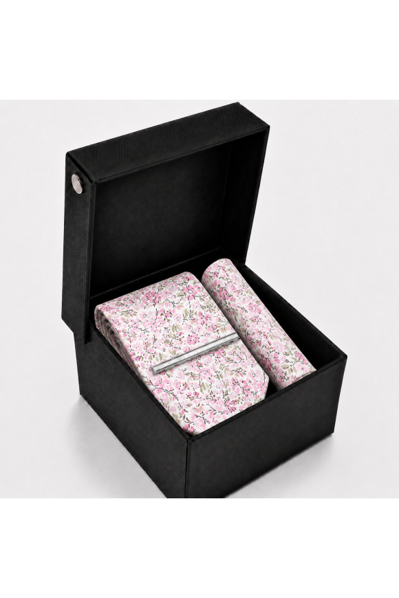 Pink Blossom Floral Tie, Pocket Square & Silver Tie Clip Gift Set
