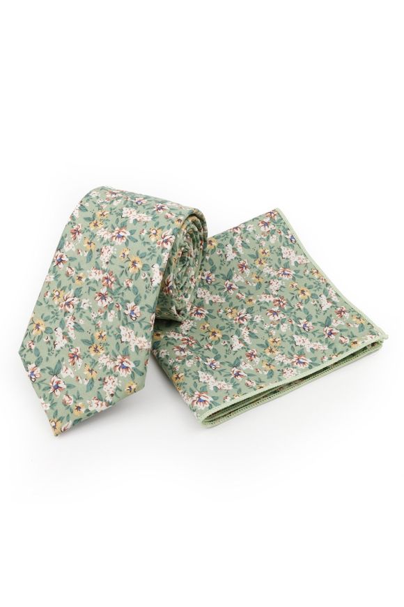 Sage greeen floral cotton classic mens tie & pocket square set