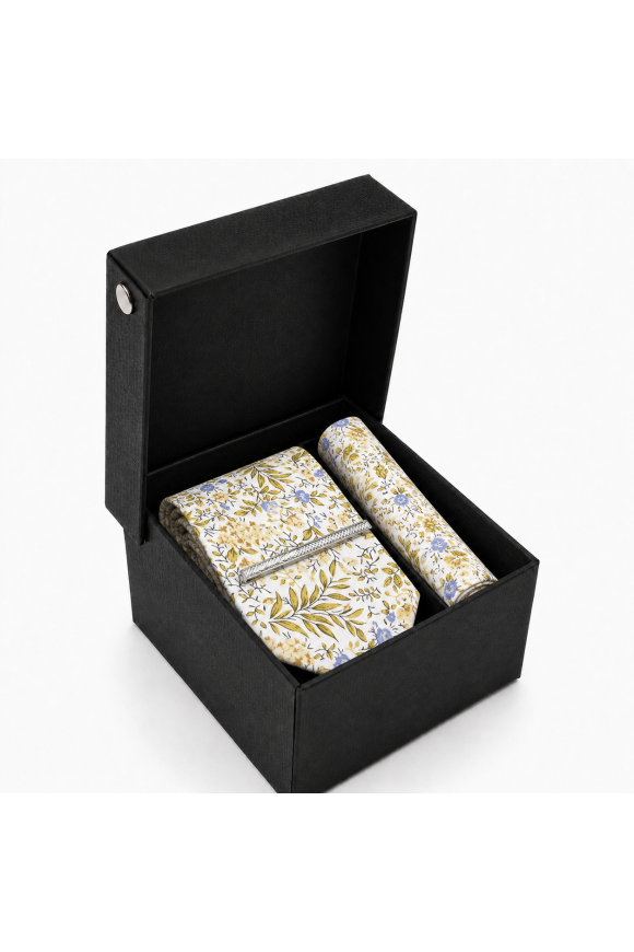 Yellow & Blue Floral Tie Gift Set with Pocket Square & Silver Tie Clip