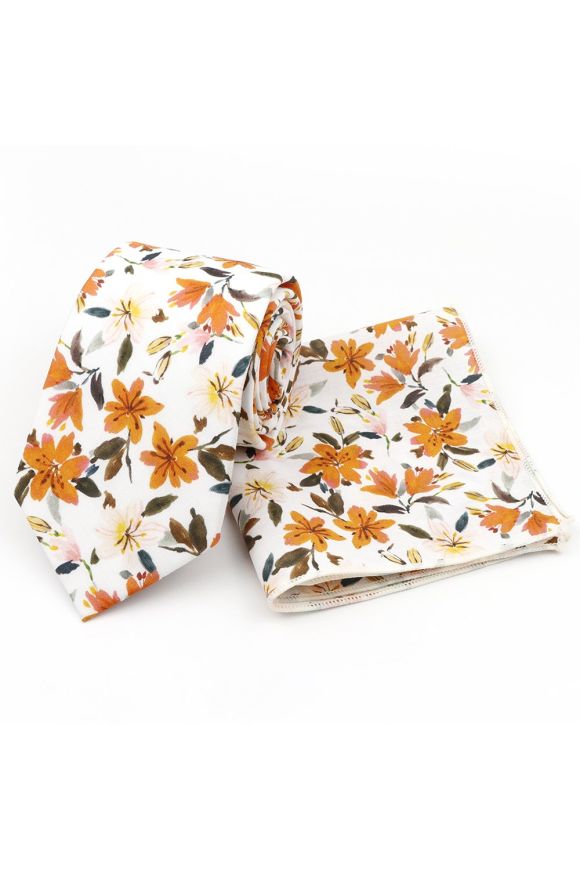 Orange floral cotton classic mens tie & pocket square set