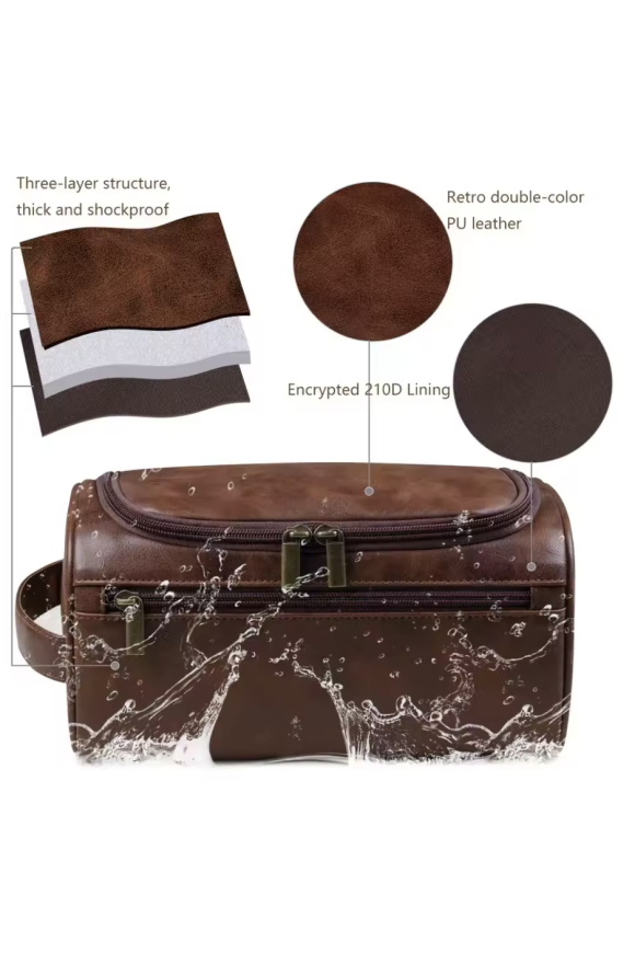 Large Brown Toiletry Wash Bag with Handle