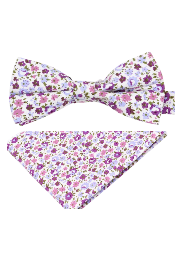 Purple floral cotton classic mens bow tie & pocket square set