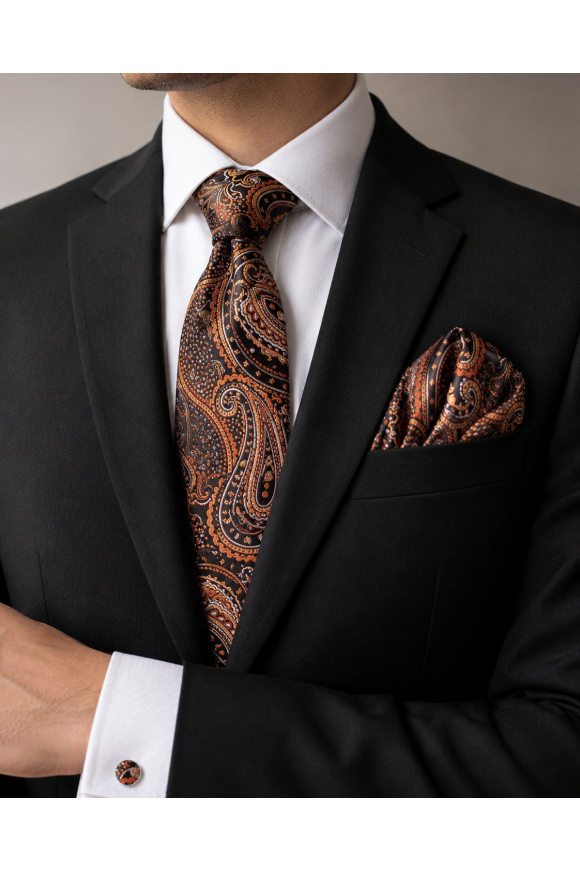 Mens Brown Paisley pocket square, Cufflink and tie set