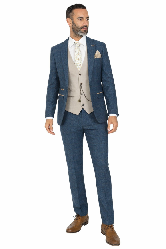 Marc Darcy Dion Blue Tweed Suit with Contrast Stone Waistcoat