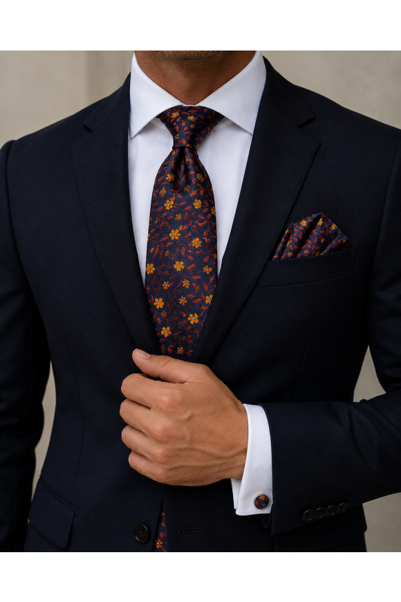 Mens Navy & Rust Floral Tie, Pocket Square and Cufflink Set
