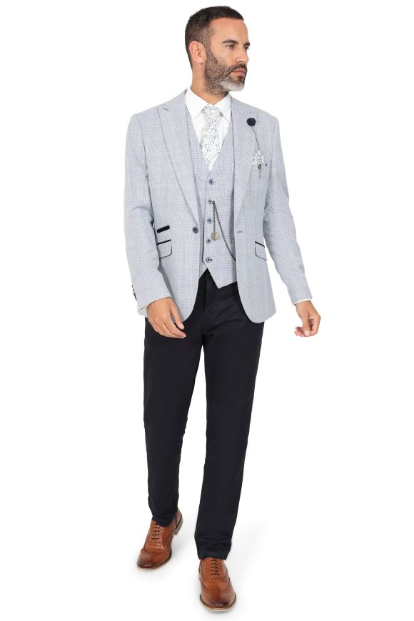 Cavani Sky Blue Check Three Piece Suit. with contrast trousers