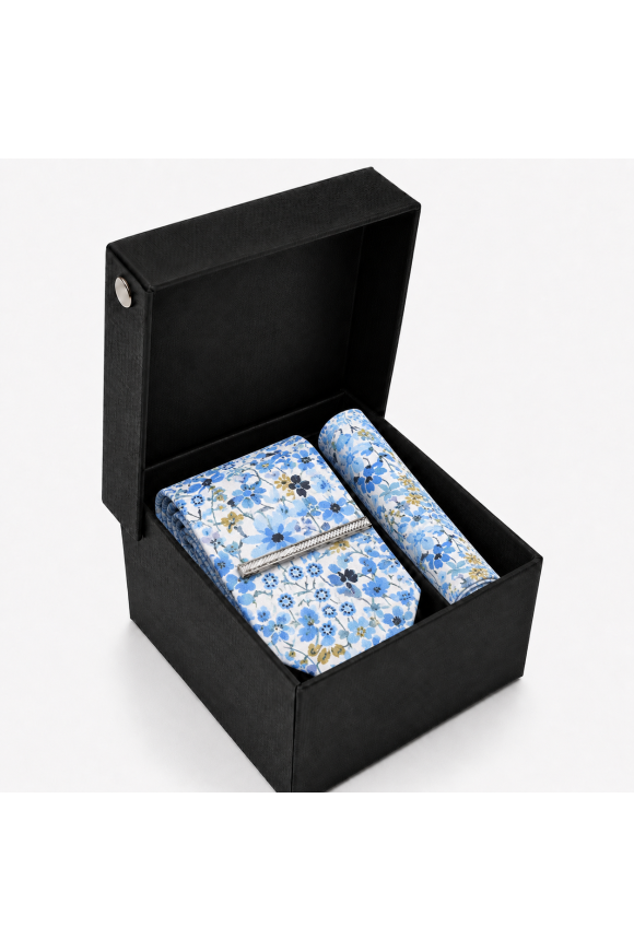 Blue Floral Tie, Pocket Square & Silver Tie Clip Gift Set