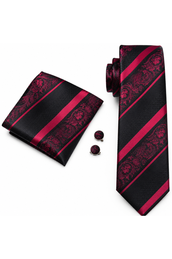 Black & Wine Paisley Stripe Tie, Pocket Square & Cufflink Set