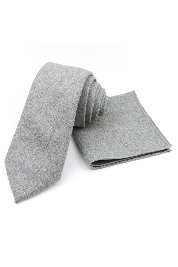 Mens Wool Tweed Grey Tie & Pocket square set