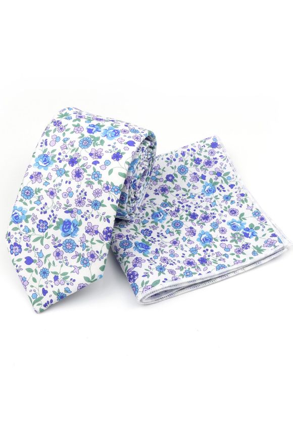 Blue & Lilac floral cotton classic mens tie & pocket square set