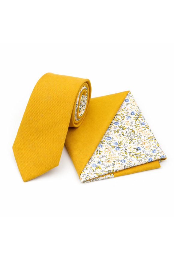 Two Tone Yellow floral cotton tie & Pocket square set